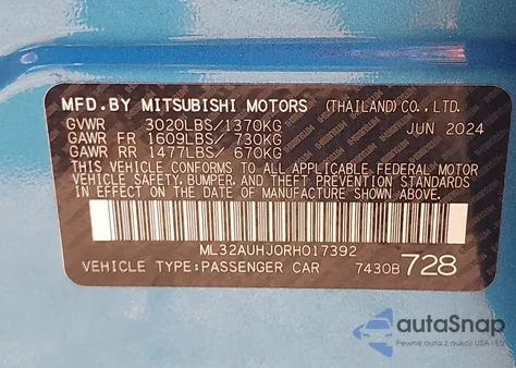 2024 Mitsubishi Mirage Es/Le из США, поврежденный, VIN ML32AUHJ0RH017392